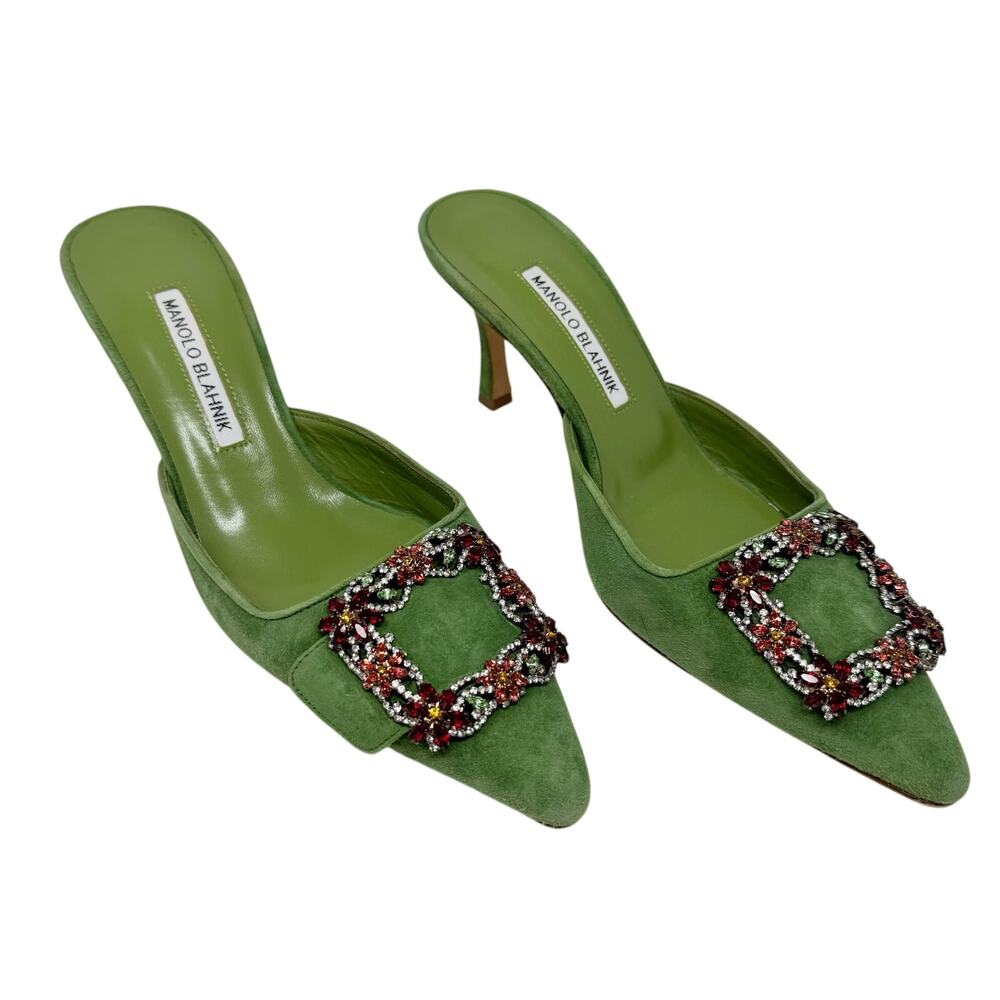 Rare Manolo Blahnik Maysale Jewel Green Suede Multicolor Crystal Mule Heels 38